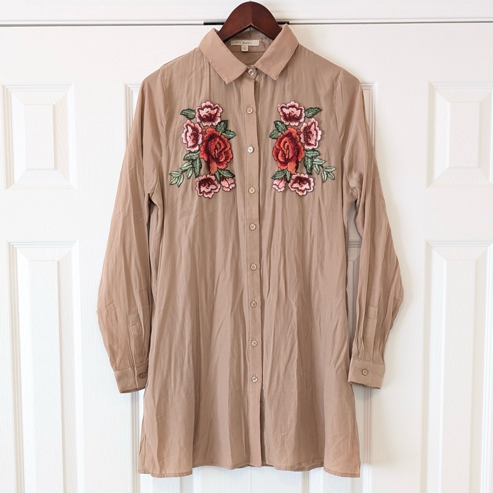 Size M I Joah Tan Embroidered Floral Rose Collared Shirt Dress Bohemian Western